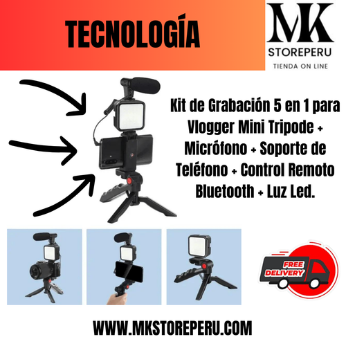 Super Kit de Grabación Vlogger Mini Tripode Micrófono Control Luz Led